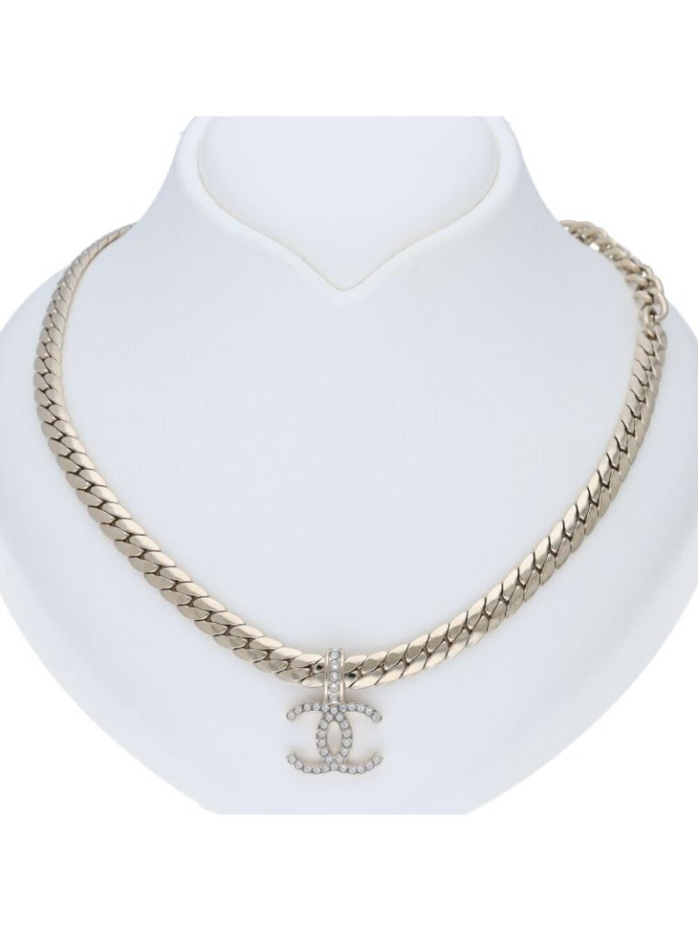 Chanel CC Logo Rhinestone Necklace Brass